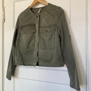 Free People Distressed Denim Patch Jacket Army Green Button Up Pockets Cropped